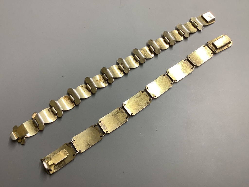 Two Norwegian 925 and enamel bracelets largest 19cm and a similar 'Swallow' brooch.